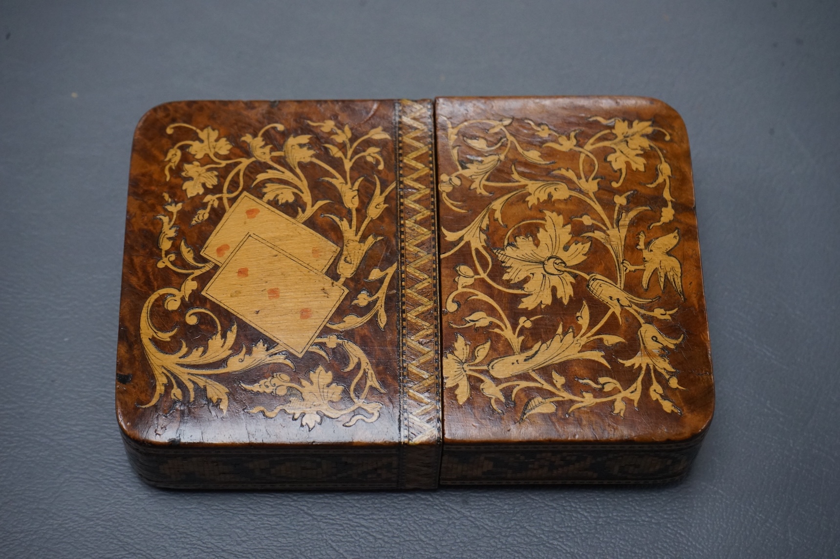 An Italian Sorrento ware playing card case, 12cm high